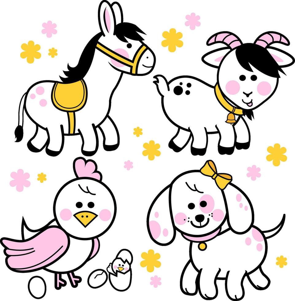 Cute and funny farm animals collection. A goat, a horse, a dog and a chicken. Cute cartoon animals. Illustration set. vector