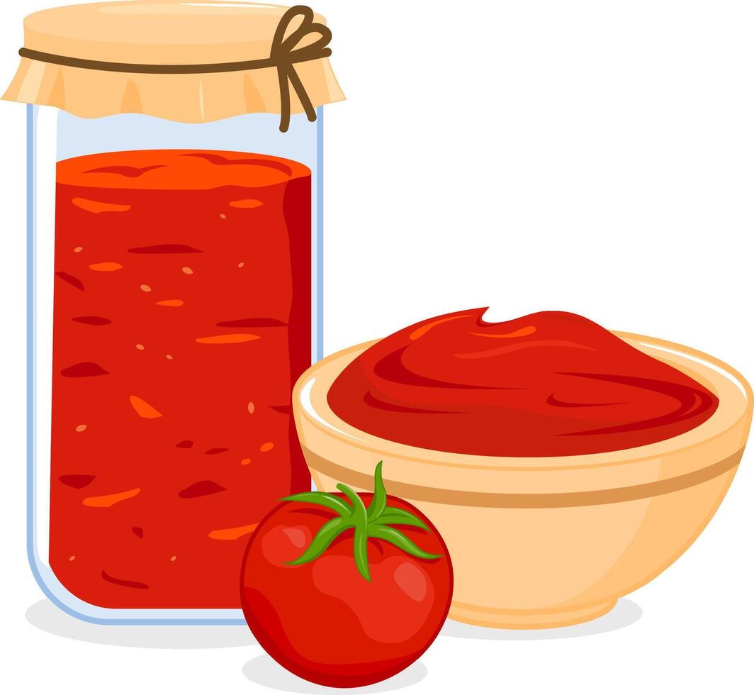 A jar filled with healthy homemade tomato sauce, a bowl of tomato sauce and a tomato. Homemade tomato paste ingredient for cooking. vector