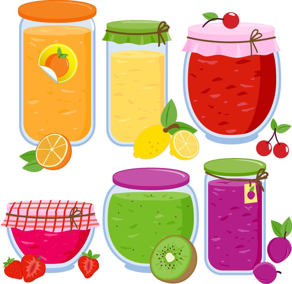 Collection of glass jars filled with homemade fruit jam. Strawberry, orange, lemon, plum, kiwi fruit and cherry sweet marmalade. Homemade jelly dessert in jar. vector