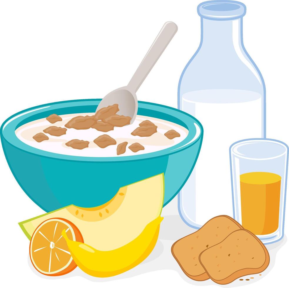 Healthy breakfast with bottle of milk, slice of melon, banana, orange, sliced bread toast and bowl of cereal. Healthy snack food with dairy, fruit and bread. vector