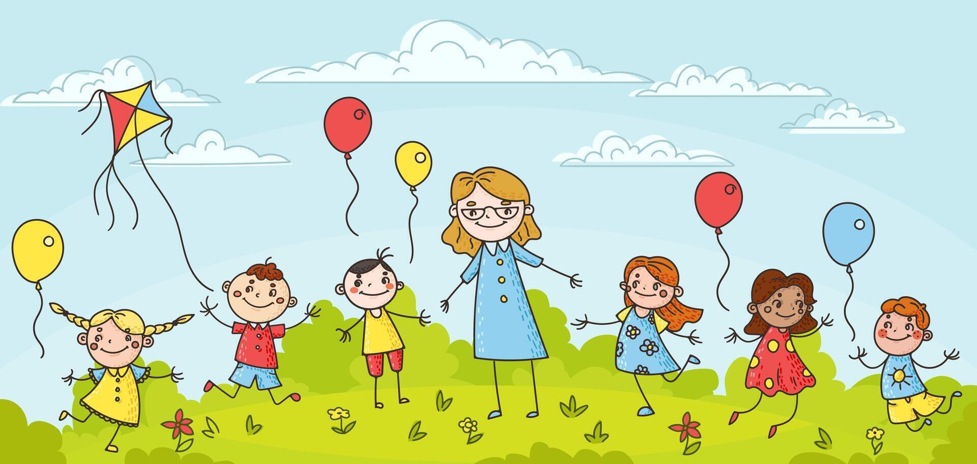 Hand drawn children with teacher doodles and sketches of happy, smiling kids. Cartoon style characters cheerful scene of friendship and fun in park. For educational and preschool settings. Not AI. vector