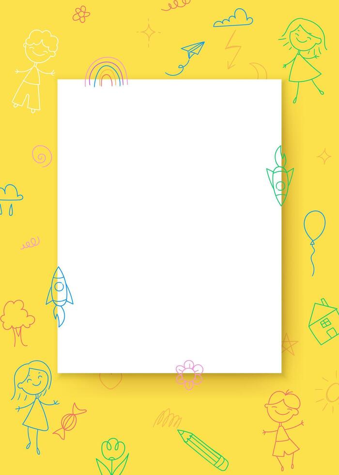 A mockup of kids drawings with doodles on a paper sheet. Blank page with shadows, perfect for abstract, cute, and childish designs. Ideal for posters, prints, or marketing. Not AI. vector