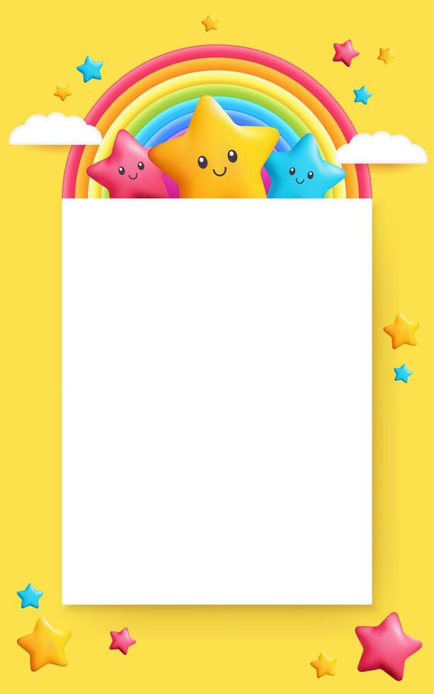 A 3D paper mockup with a rainbow, yellow background, stars and cartoon clouds. Design template for posters or documents, featuring blank space for customization. Ideal for business, kids. Not AI. vector