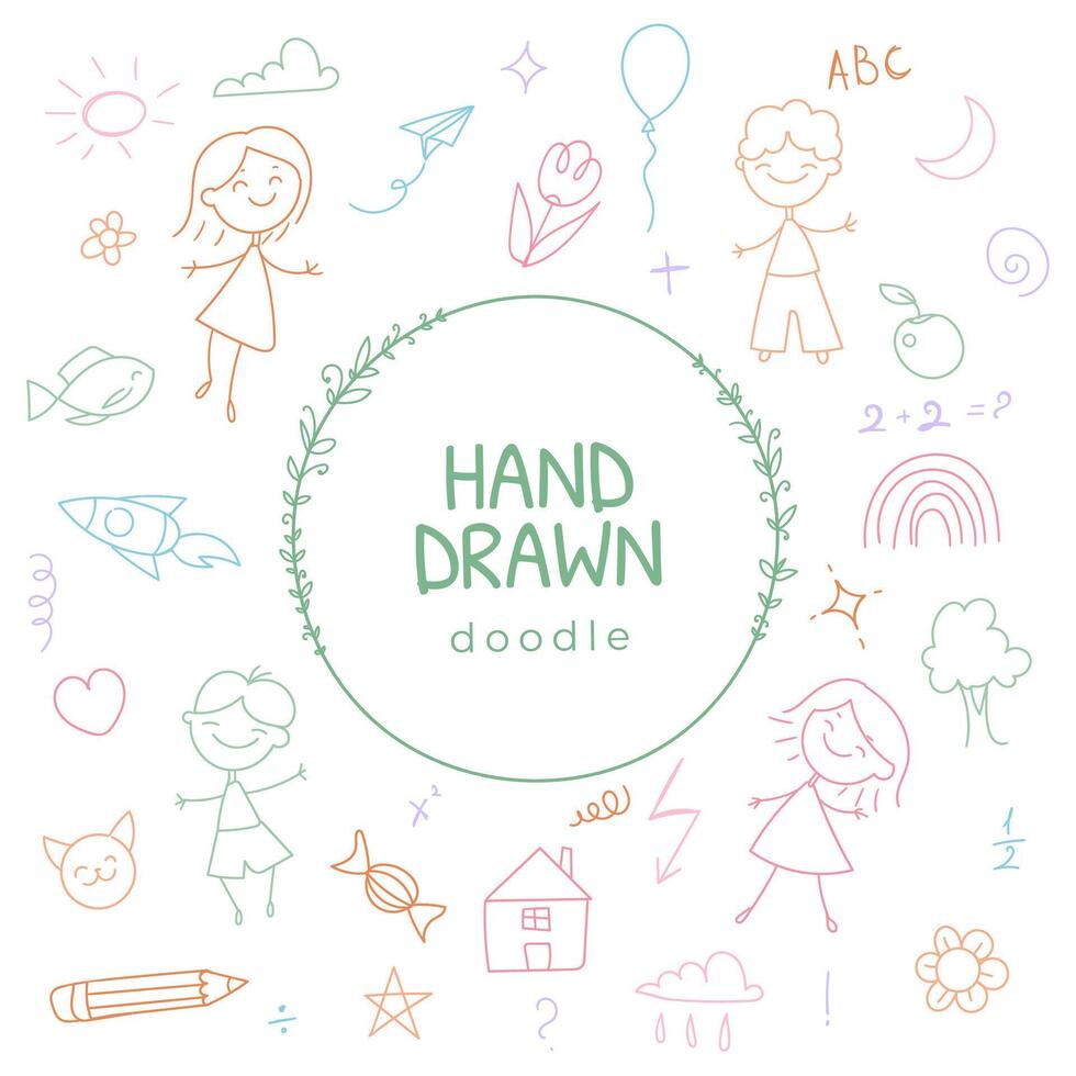 Hand drawn kids doodle illustration cartoon characters. Includes cute, smiling children and icons. Line art with stars, balloons, rainbows, flowers, clouds. Fun, creative design elements. Not AI vector