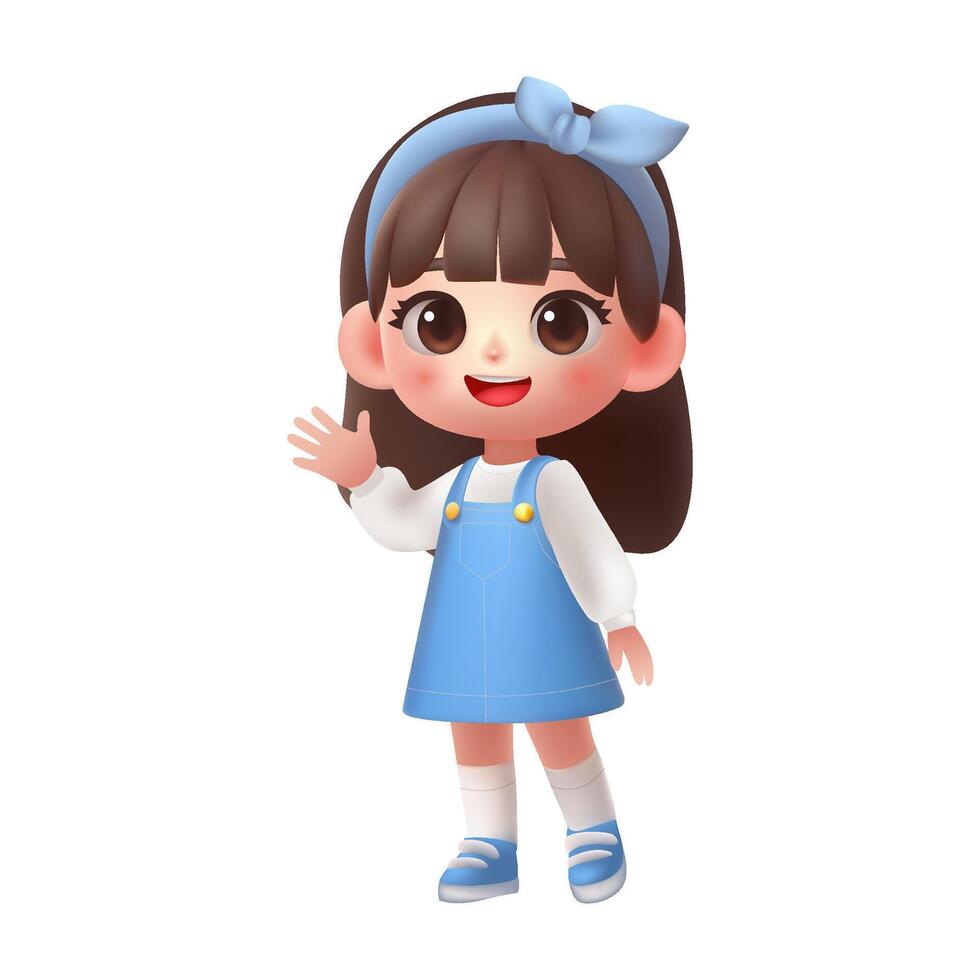 3D cartoon girl waving, a cute, happy, young female character illustration. Isolated and cheerful, smiling kid in casual pose. Realistic, minimal design featuring positive expressions. Not AI. vector