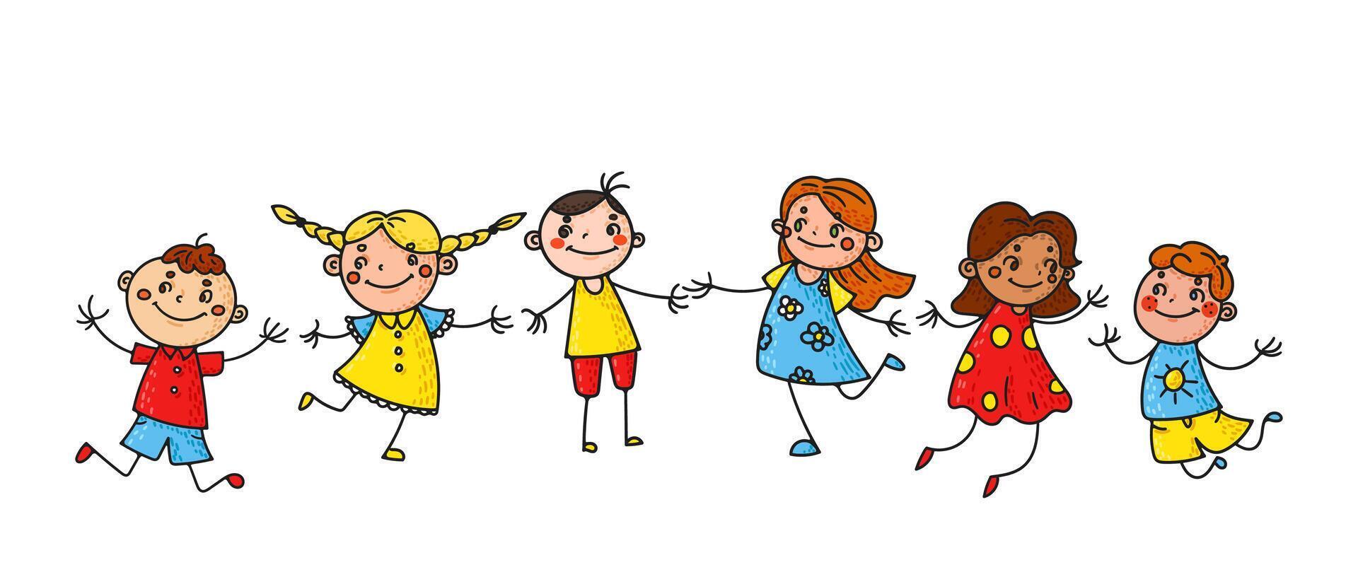 Hand drawn children with teacher doodles and sketches of happy, smiling kids. Cartoon style characters cheerful scenes of friendship and fun. Ideal for educational and preschool settings. Not AI. vector