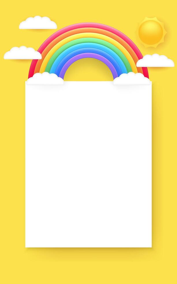 A 3D paper mockup with a rainbow, yellow background, sun and cartoon clouds. Design template for posters or documents, featuring blank space for customization. Ideal for business, kids. Not AI. vector