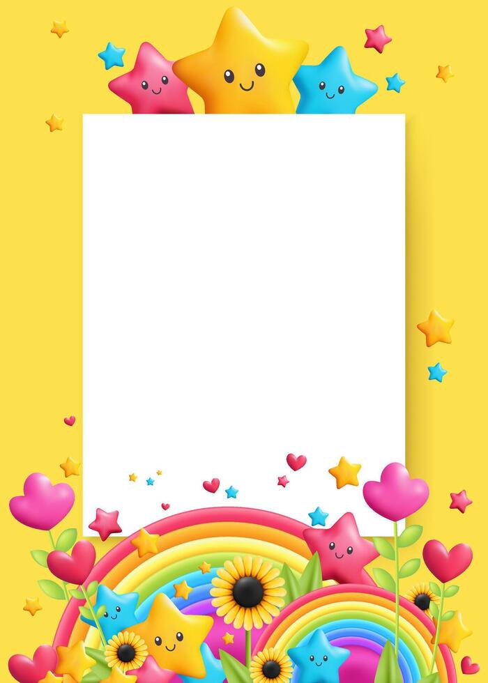A 3D paper mockup with a rainbow, yellow background, stars and cartoon flowers. Design template for posters or documents, featuring blank space for customization. Ideal for business, kids. Not AI. vector