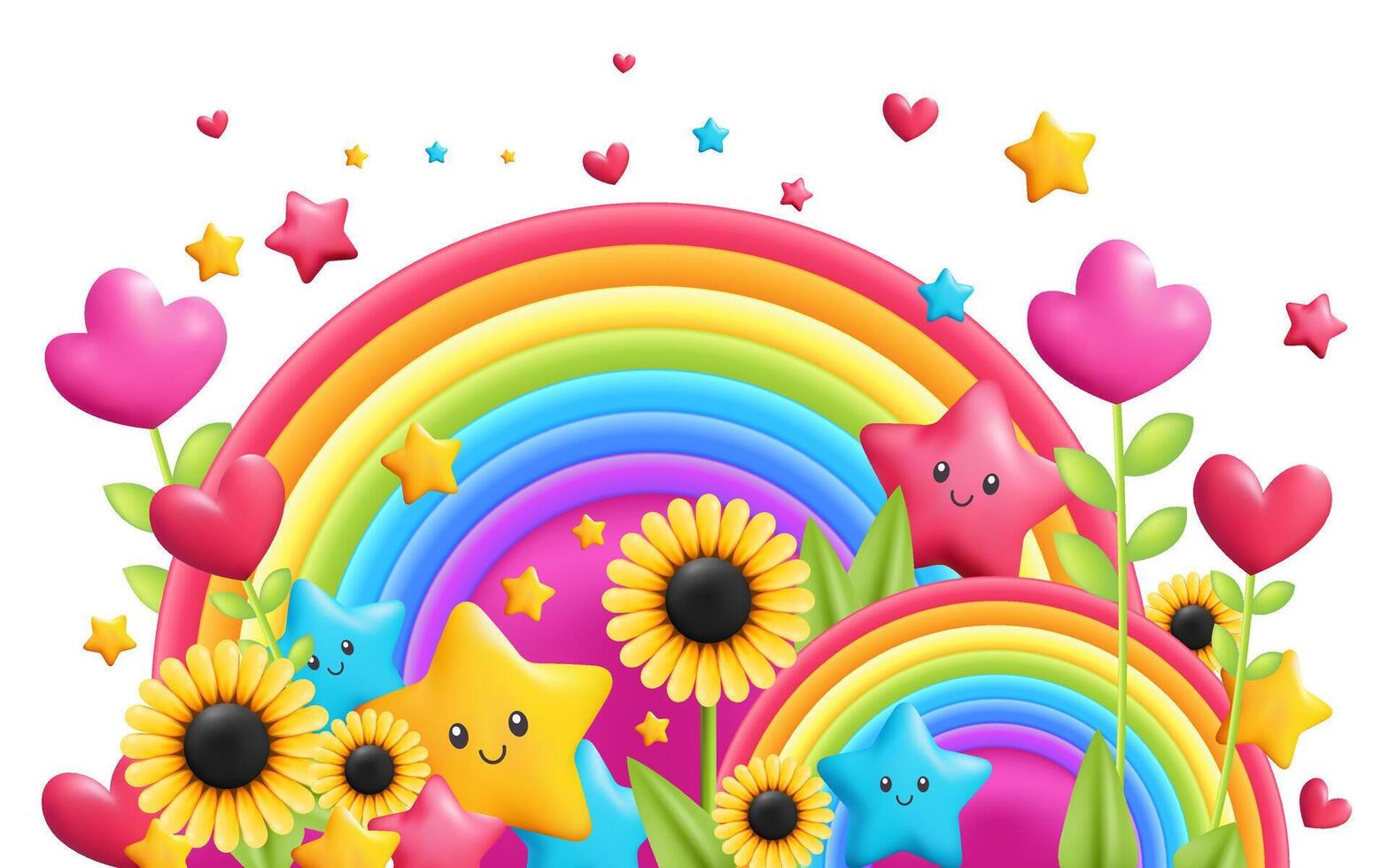 A 3D cartoon colorful rainbow, vibrant flowers and stars balloon. This cute and modern design is perfect for kids, with a springtime feel, ideal for posters and birthday banners. Not AI. vector