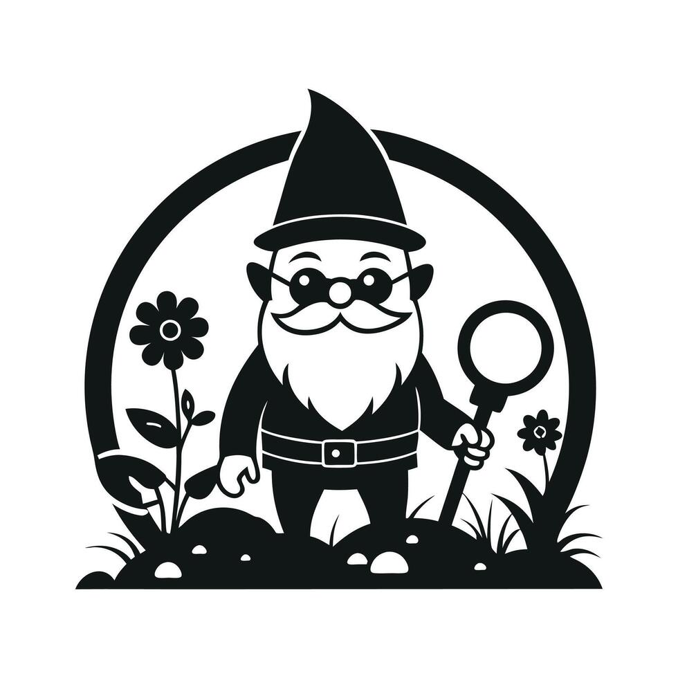 fantastic gnome in the garden and in search of treasure. Laser cutting poses fairytale dwarf elf. Isolated illustration on white background. vector