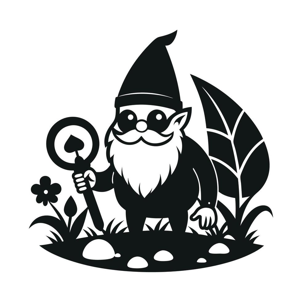 fantastic gnome in the garden and in search of treasure. Laser cutting poses fairytale dwarf elf. Isolated illustration on white background. vector