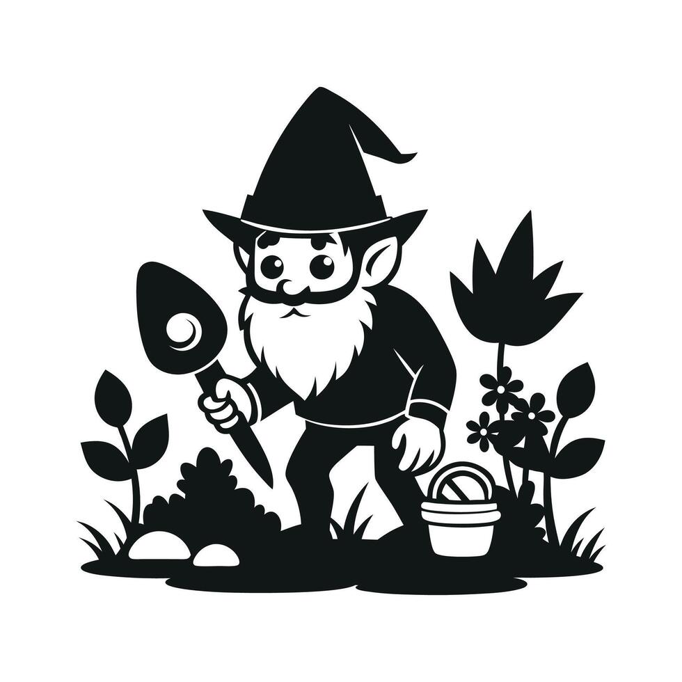fantastic gnome in the garden and in search of treasure. Laser cutting poses fairytale dwarf elf. Isolated illustration on white background. vector