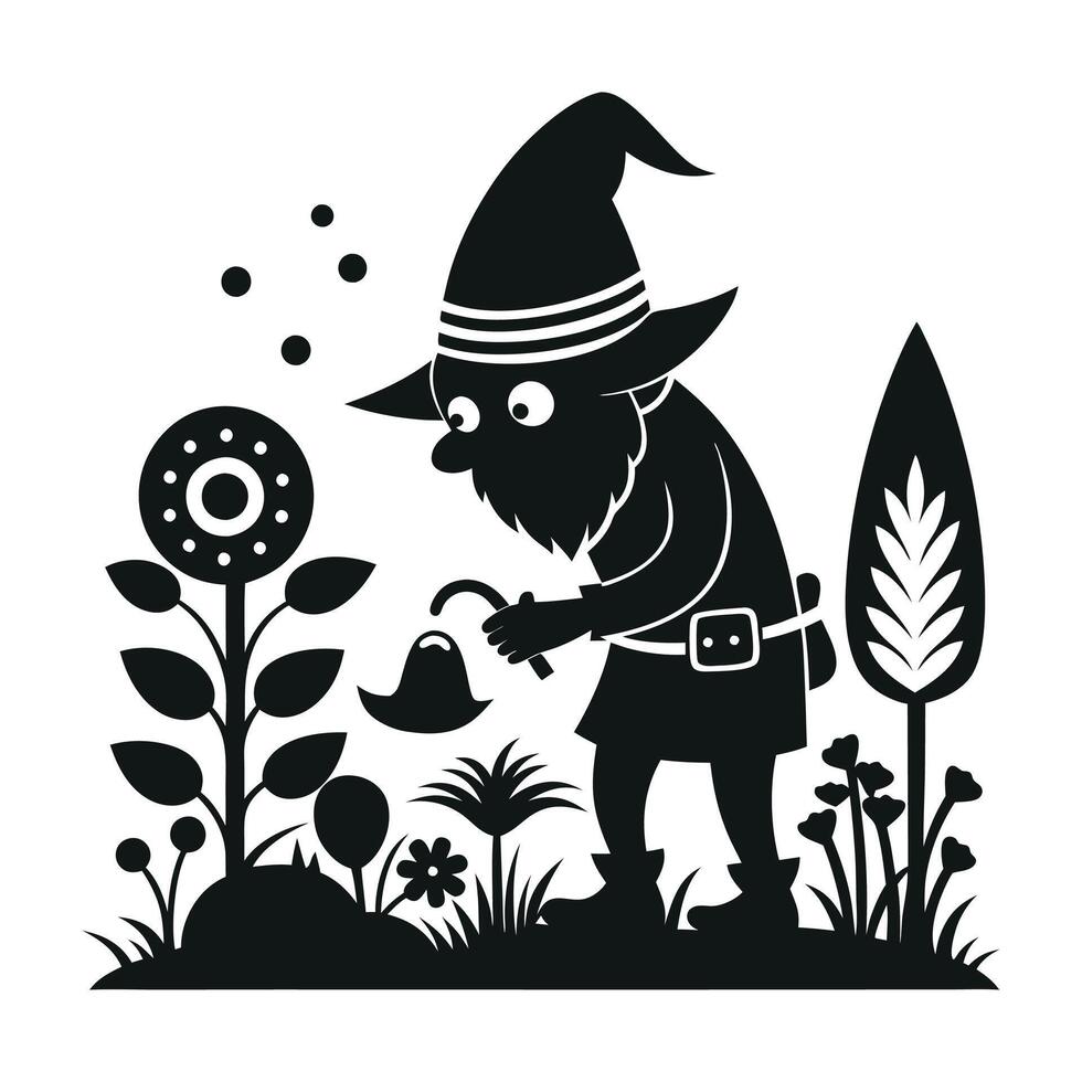 fantastic gnome in the garden and in search of treasure. Laser cutting poses fairytale dwarf elf. Isolated illustration on white background. vector