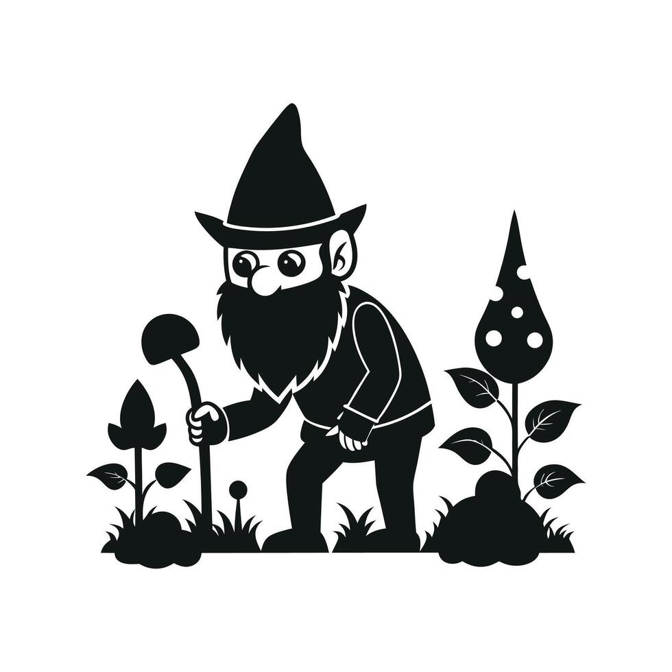 fantastic gnome in the garden and in search of treasure. Laser cutting poses fairytale dwarf elf. Isolated illustration on white background. vector