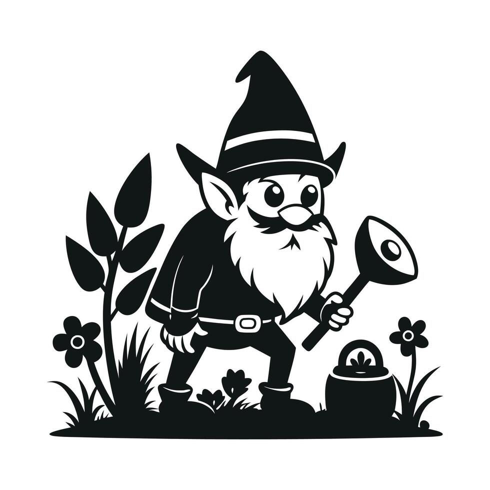 fantastic gnome in the garden and in search of treasure. Laser cutting poses fairytale dwarf elf. Isolated illustration on white background. vector