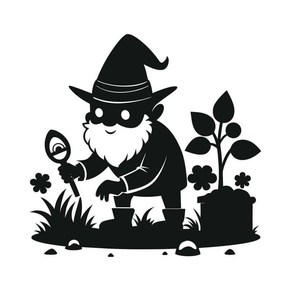 fantastic gnome in the garden and in search of treasure. Laser cutting poses fairytale dwarf elf. Isolated illustration on white background. vector