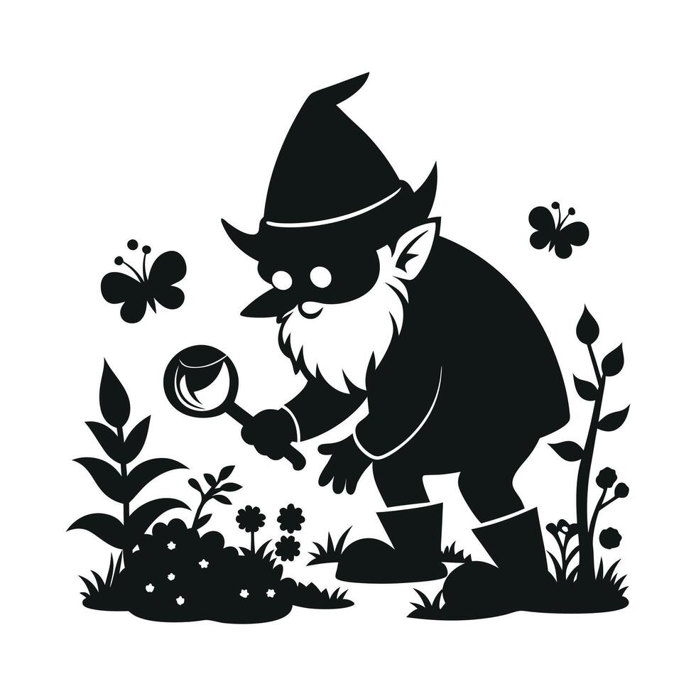 fantastic gnome in the garden and in search of treasure. Laser cutting poses fairytale dwarf elf. Isolated illustration on white background. vector