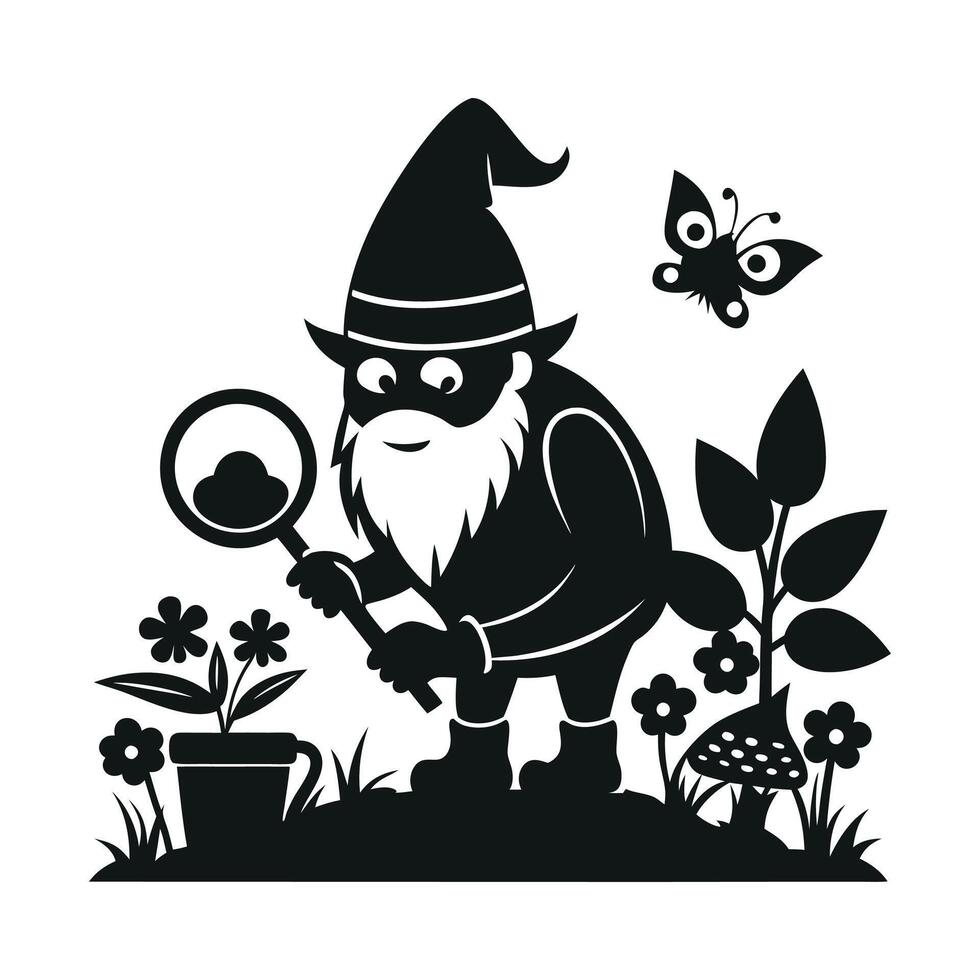 fantastic gnome in the garden and in search of treasure. Laser cutting poses fairytale dwarf elf. Isolated illustration on white background. vector
