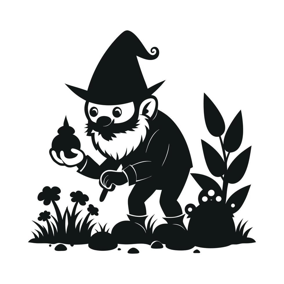 fantastic gnome in the garden and in search of treasure. Laser cutting poses fairytale dwarf elf. Isolated illustration on white background. vector