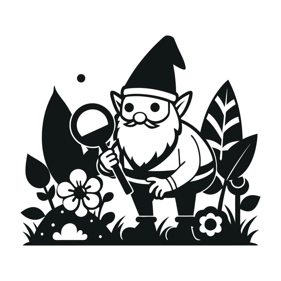 fantastic gnome in the garden and in search of treasure. Laser cutting poses fairytale dwarf elf. Isolated illustration on white background. vector