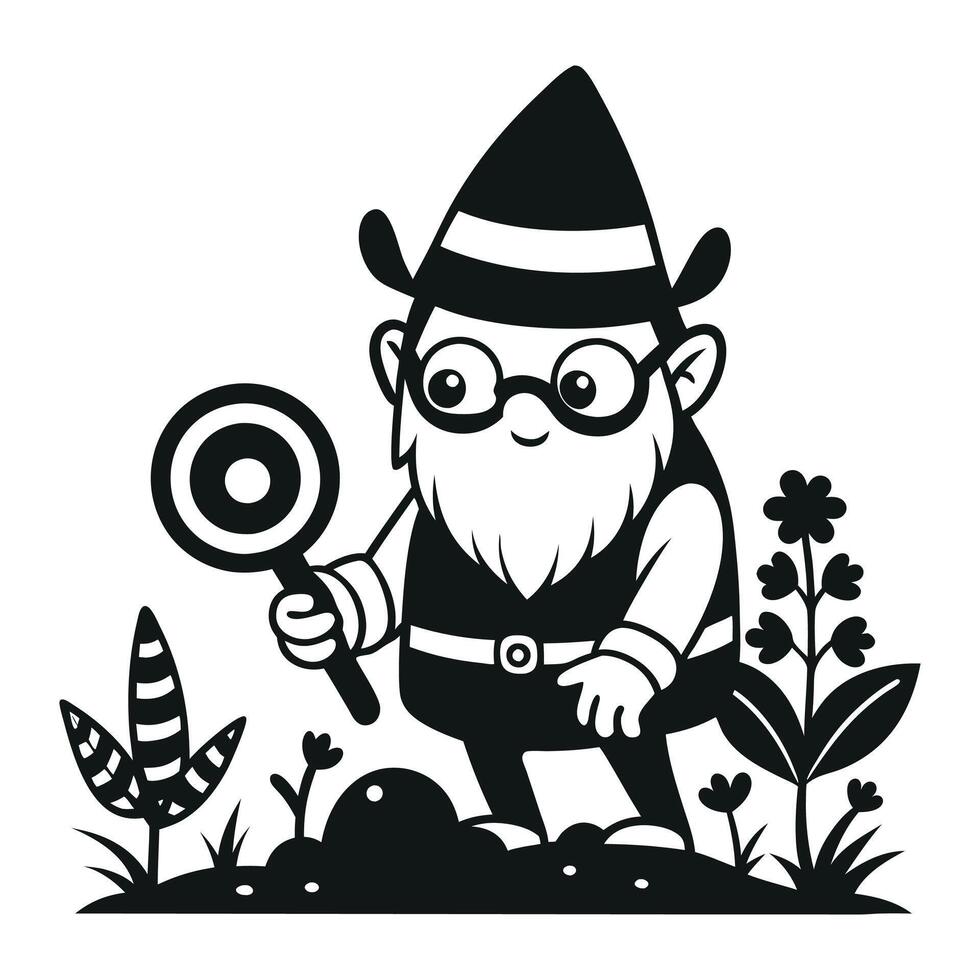 fantastic gnome in the garden and in search of treasure. Laser cutting poses fairytale dwarf elf. Isolated illustration on white background. vector
