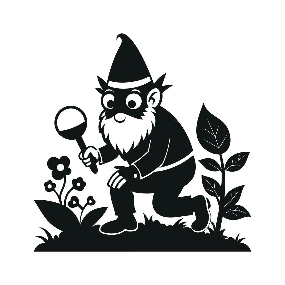 fantastic gnome in the garden and in search of treasure. Laser cutting poses fairytale dwarf elf. Isolated illustration on white background. vector