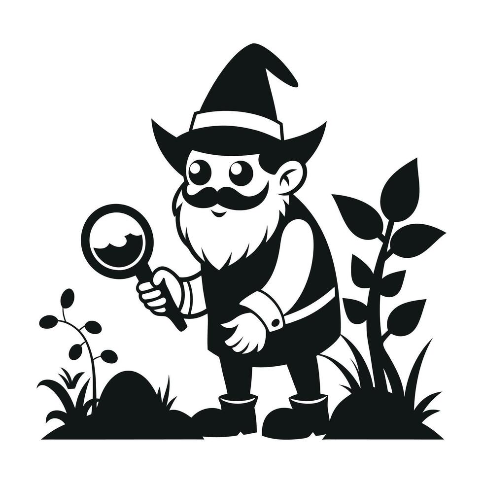 fantastic gnome in the garden and in search of treasure. Laser cutting poses fairytale dwarf elf. Isolated illustration on white background. vector