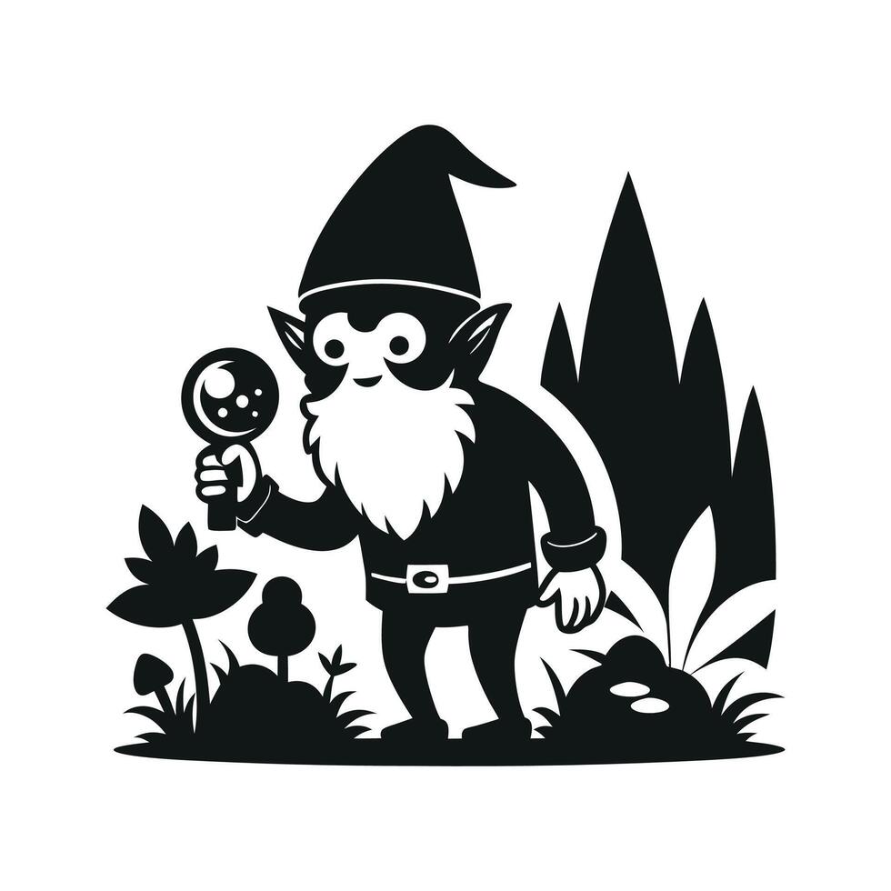 fantastic gnome in the garden and in search of treasure. Laser cutting poses fairytale dwarf elf. Isolated illustration on white background. vector