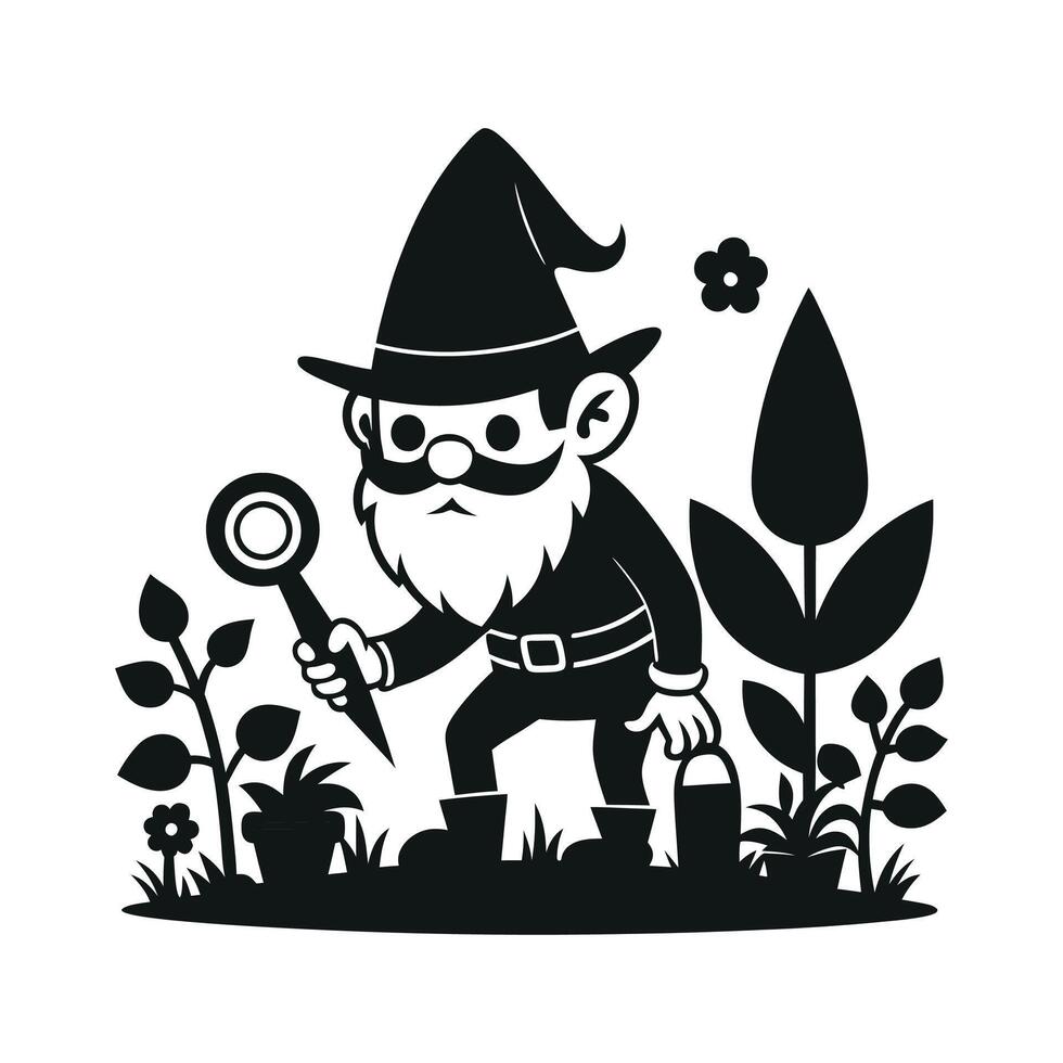 fantastic gnome in the garden and in search of treasure. Laser cutting poses fairytale dwarf elf. Isolated illustration on white background. vector