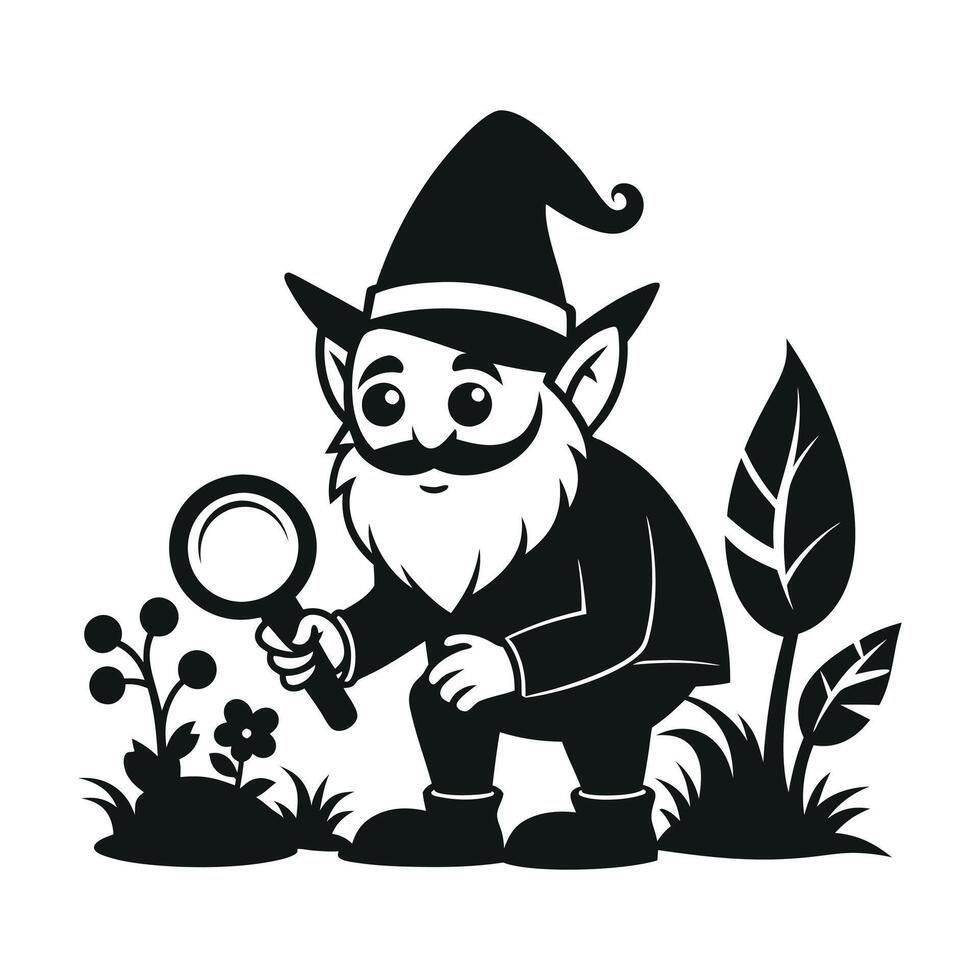 fantastic gnome in the garden and in search of treasure. Laser cutting poses fairytale dwarf elf. Isolated illustration on white background. vector