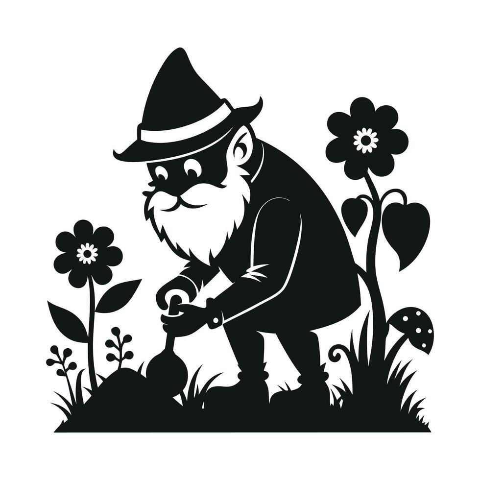 fantastic gnome in the garden and in search of treasure. Laser cutting poses fairytale dwarf elf. Isolated illustration on white background. vector