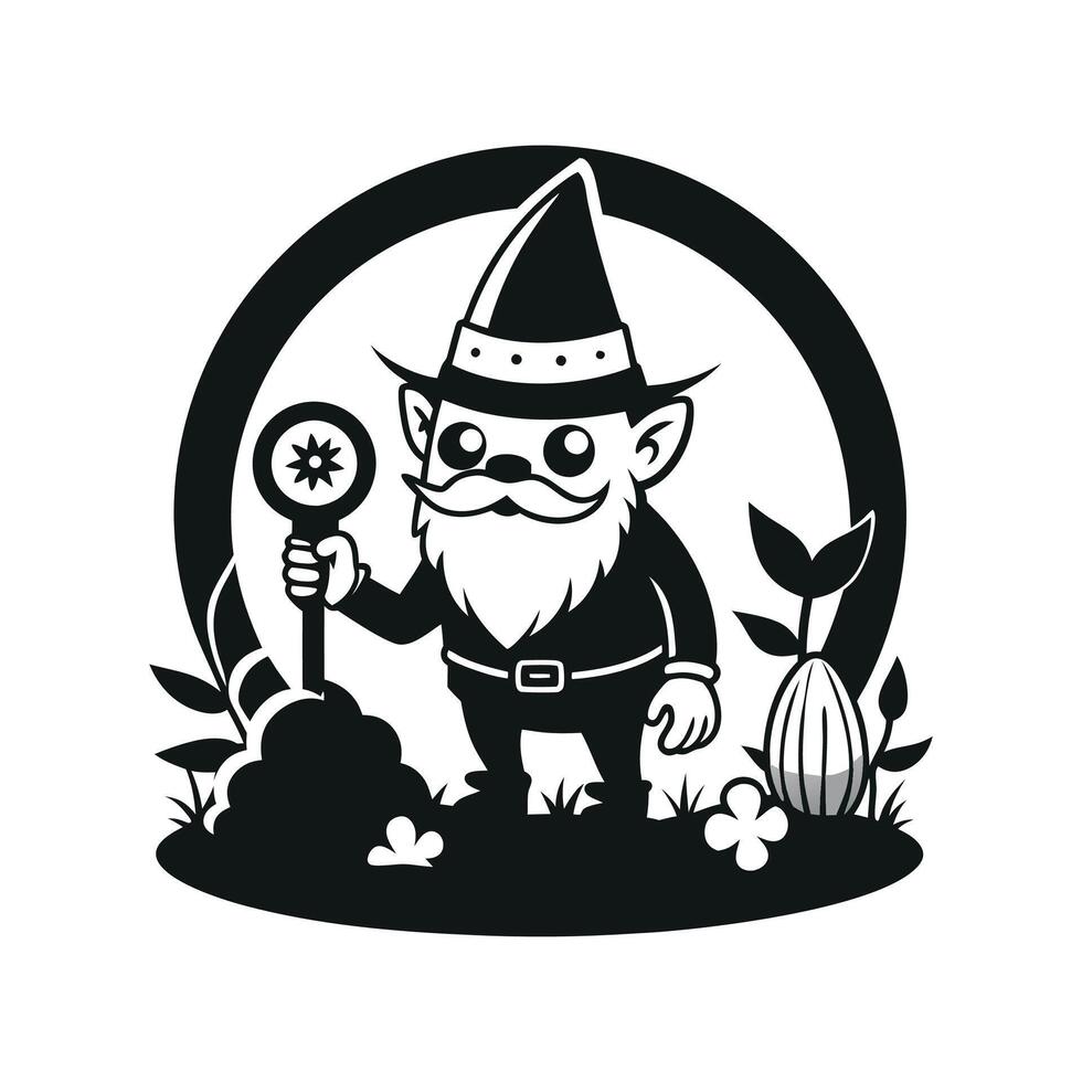 fantastic gnome in the garden and in search of treasure. Laser cutting poses fairytale dwarf elf. Isolated illustration on white background. vector