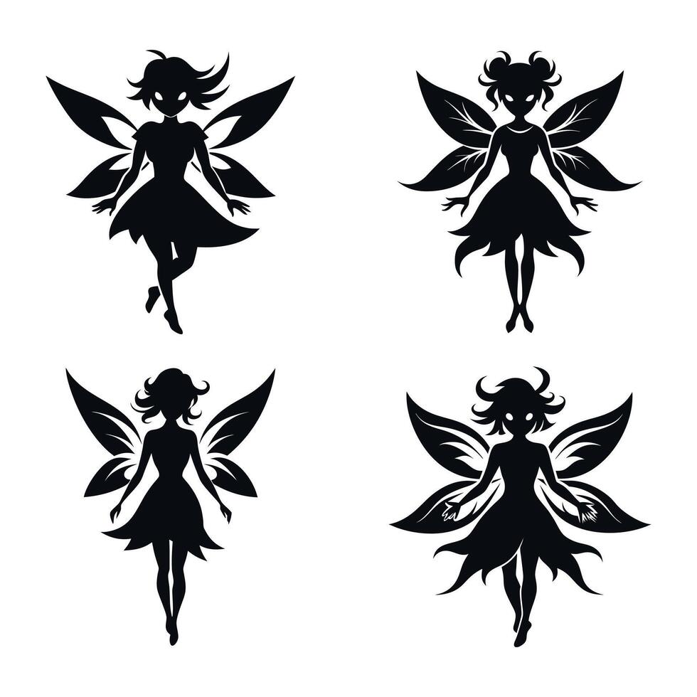 Collection A black silhouette of a fairy girl, Black silhouette of a fairytale little fairy isolated on a white background. illustration for design. vector