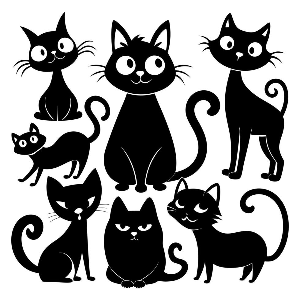 Collection of silhouette of funny cats in different poses , Set of black playful cats. Collection of silhouette small cats in different poses. Funny pet. Cartoon animal illustration i vector