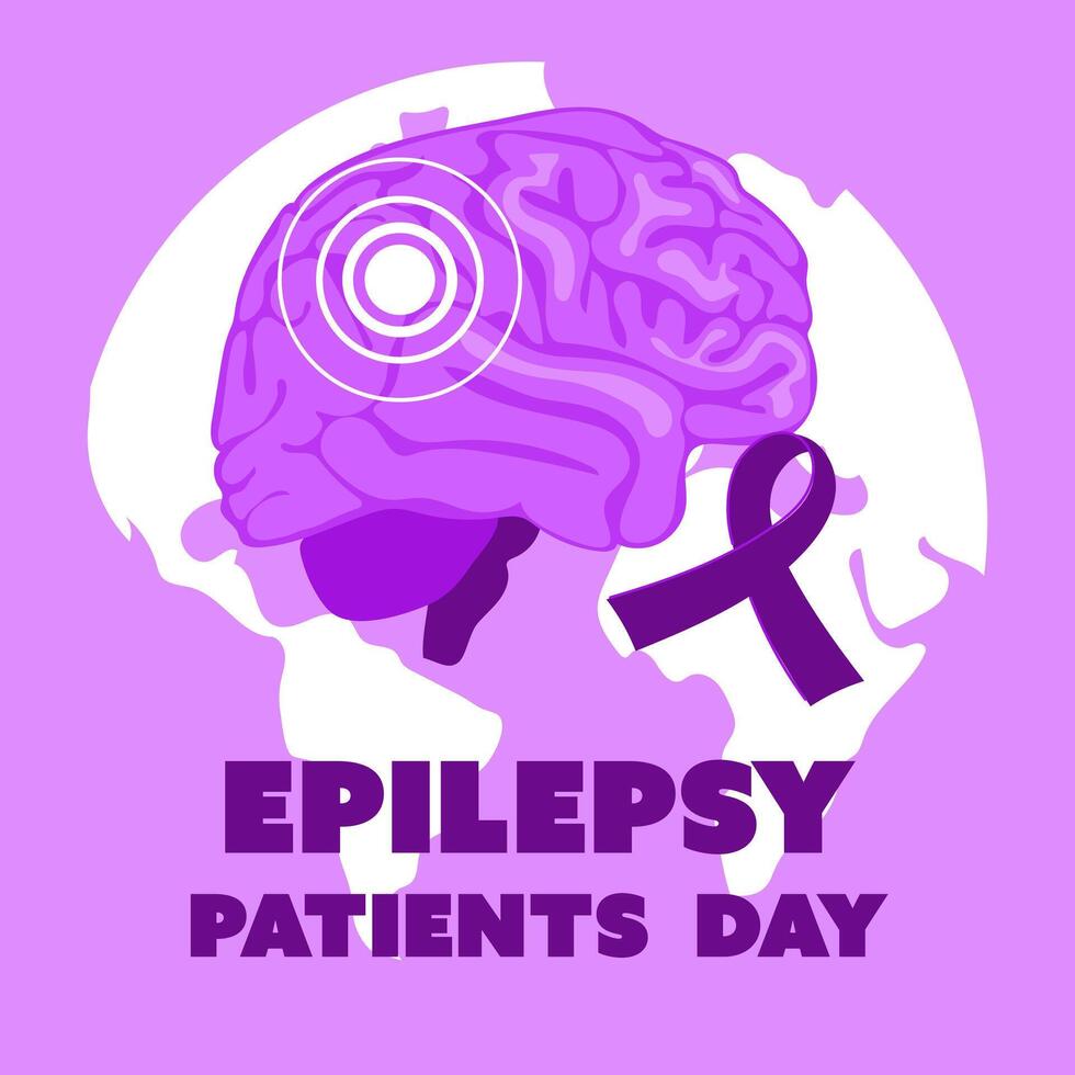 International Epilepsy Day banner for March 26. The brain is naturally flat in purple colors against the background of the earth with a ribbon on shades of purple. Brain problems, illness. Square vector