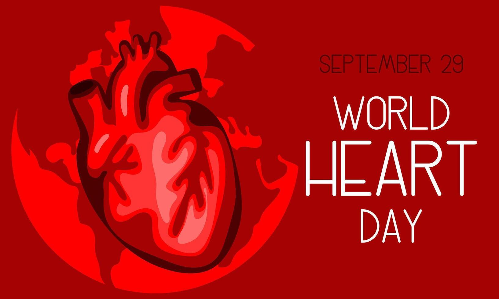 illustration on the theme of World Heart Day, which is celebrated every year on September 29 all over the world. A flat illustration like a banner with text. Horizontal. Red and shades vector