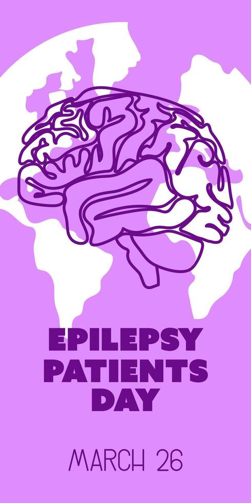 International Epilepsy Day banner for March 26. The brain is a contoured silhouette in purple colors on a ground background with a ribbon on white and shades of purple. Brain problems, illness vector