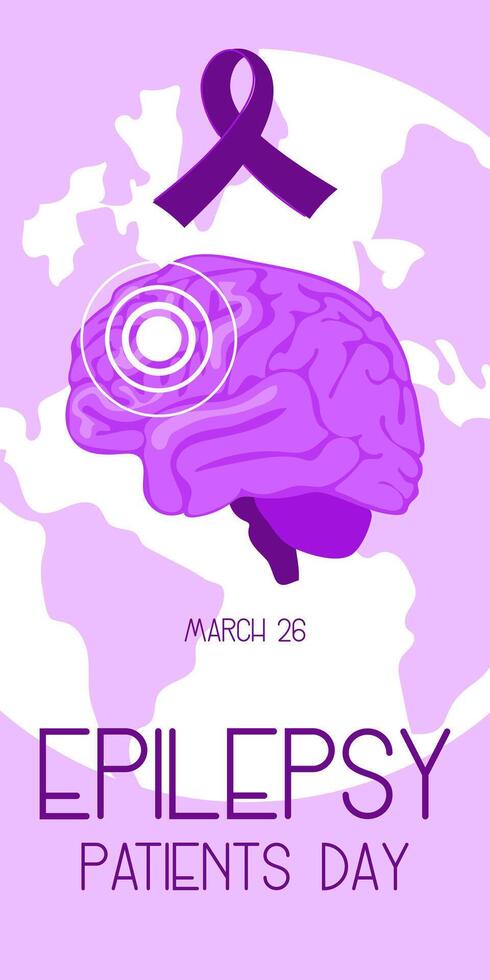 International Epilepsy Day banner for March 26. The brain is naturally flat in purple colors against the background of the earth with a ribbon on white. Brain problems, illness. Vertical vector