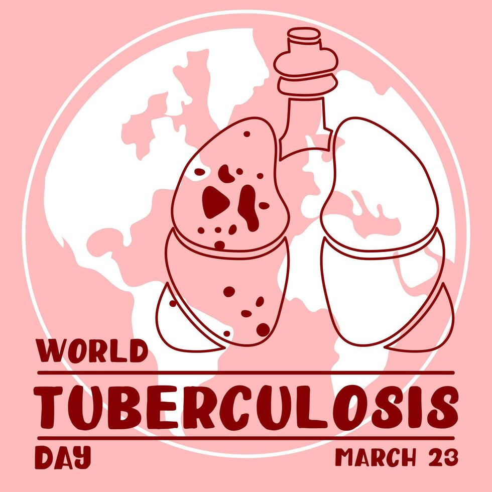 World Tuberculosis Day. March 24 - information banner of the fight against tuberculosis with a silhouette map of the world, a view of the affected red contour lungs. The banner is pink World TB day vector