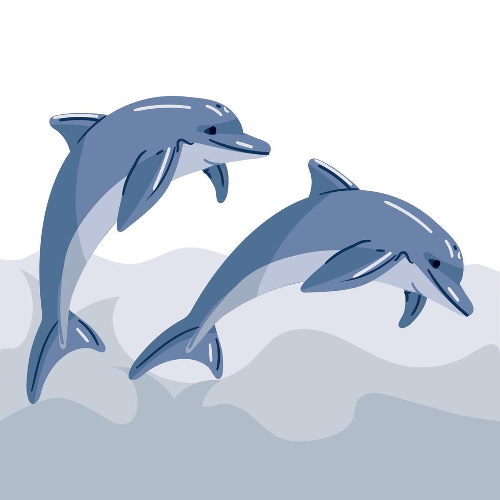 Flat two blue dolphins in a jump. Cute dolphins jump into the water. An oceanic aquatic animal is a dolphin. flat cartoon illustration on the background of waves sea animals vector