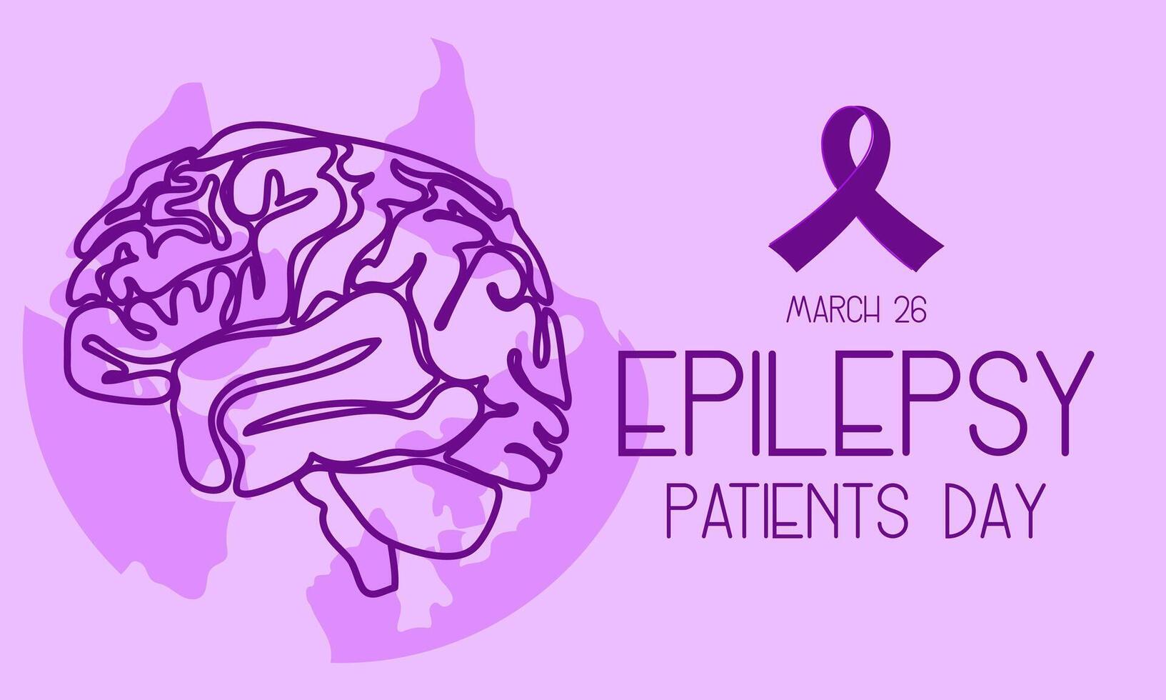 International Epilepsy Day banner for March 26. The brain is a contoured silhouette in purple colors on a ground background with a ribbon on shades of purple. Brain problems, illness. Horizontal vector