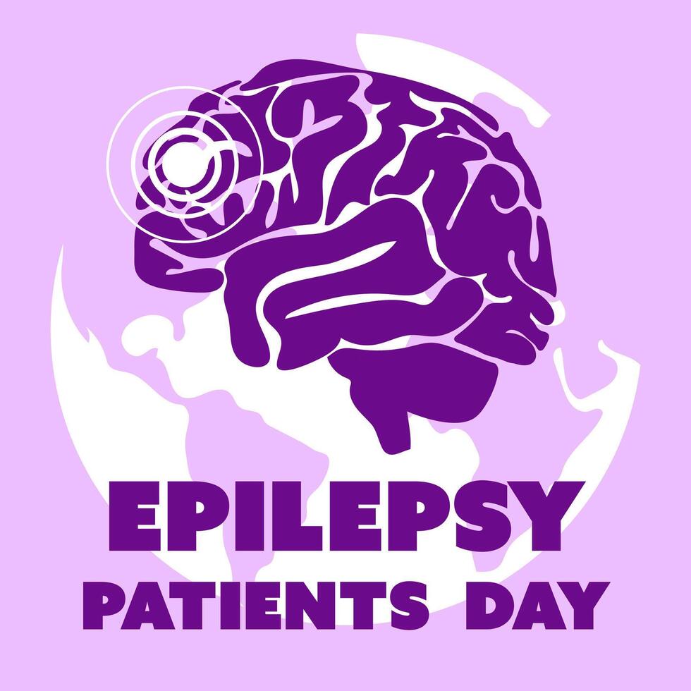 International Epilepsy Day banner for March 26. The brain is a flat silhouette in purple colors against the background of the earth with a ribbon on shades of purple. Brain problems, illness. Square vector