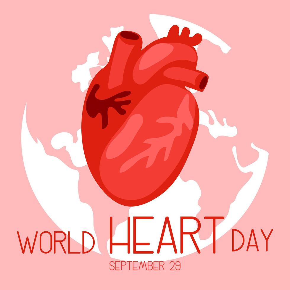 illustration on the theme of World Heart Day, which is celebrated every year on September 29 all over the world. A flat illustration like a banner with text. Square. Pink, red and shades vector