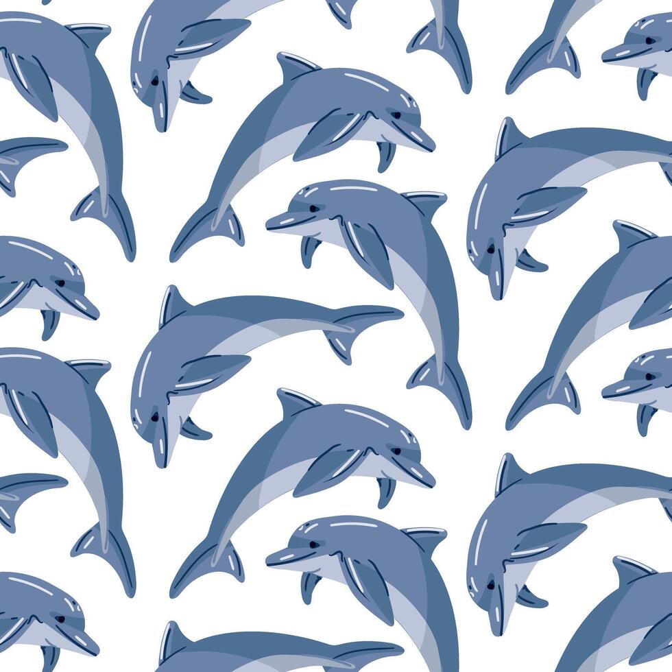 Seamless pattern of a blue dolphin in cartoon style. Suitable for baby wallpapers, baby bedspreads, can be printed on fabric for baby clothes. A marine-themed texture with large dolphins vector