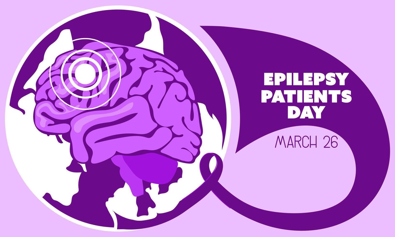 International Epilepsy Day banner for March 26. The brain is naturally flat in purple colors against the background of the earth with a ribbon on shades of purple. Brain problems, illness. Horizontal vector