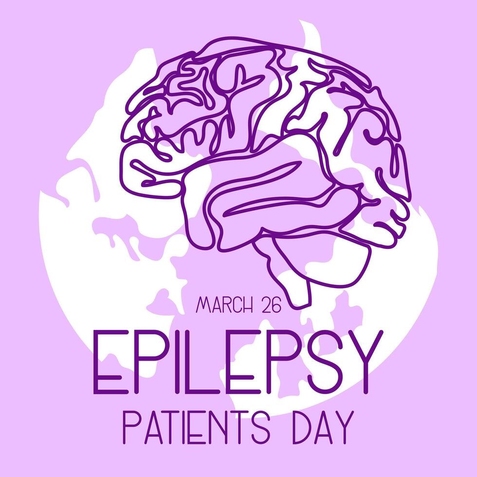 International Epilepsy Day banner for March 26. The brain is a contoured silhouette in purple colors on a ground background with a ribbon on white and shades of purple. Brain problems, illness. Square vector