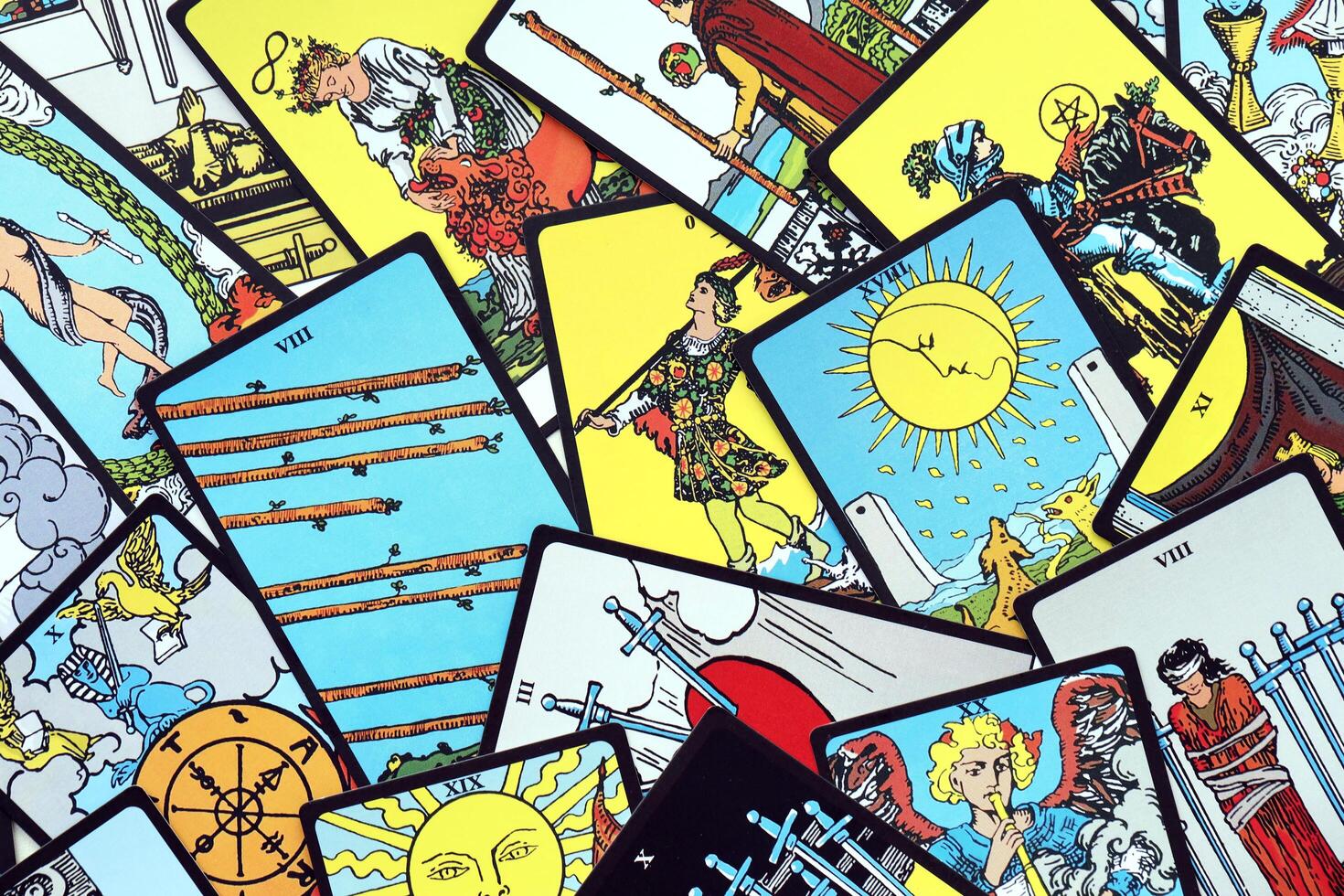 KYIV, UKRAINE - JULY 10, 2024 Tarot minor and major arcana cards of Rider Waite esoteric deck. Many tarot cards for fortune telling and esoteric actions photo