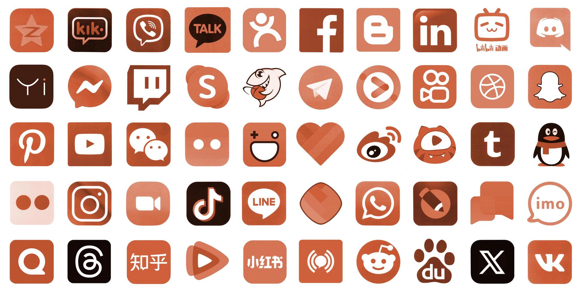 KYIV, UKRAINE - APRIL 1, 2024 Many icons of social media, messengers, sharing platforms photo