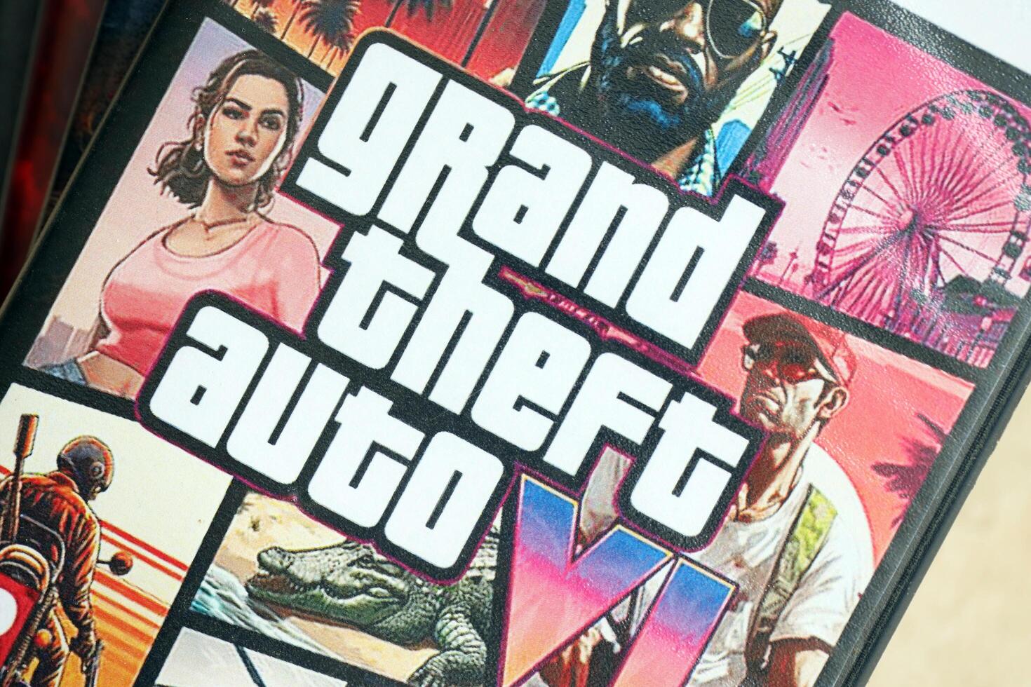 KYIV, UKRAINE - JUNE 26, 2024 Grand Theft Auto 6 PS5 game disc box for console gaming. Fictional fan-made game disc pack cover photo