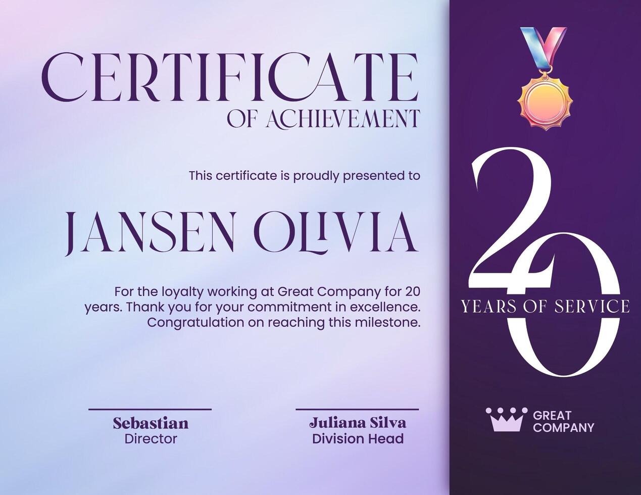 20 Years of Service Certificate Achievement template